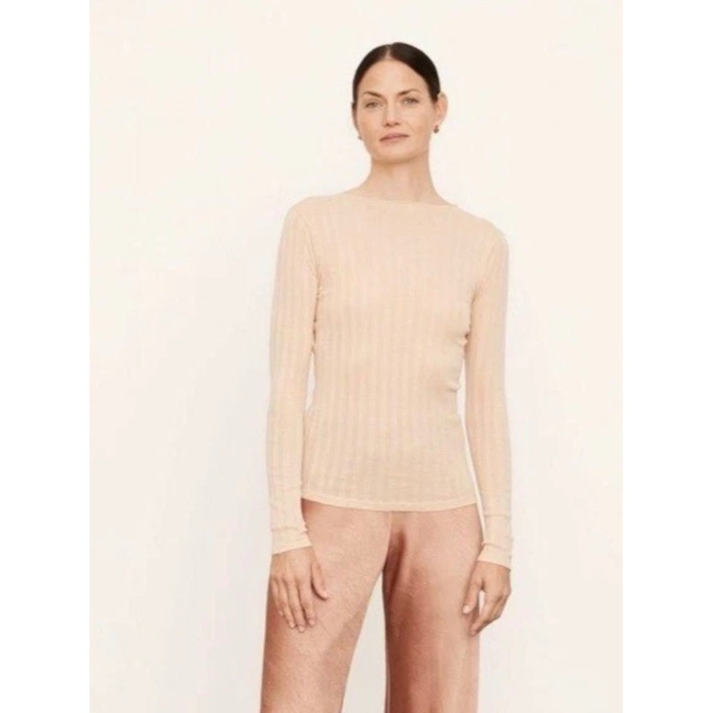 Vince Womens Ribbed Boat Neck Long Sleeve Top Peach Nude Slim Fit Size M